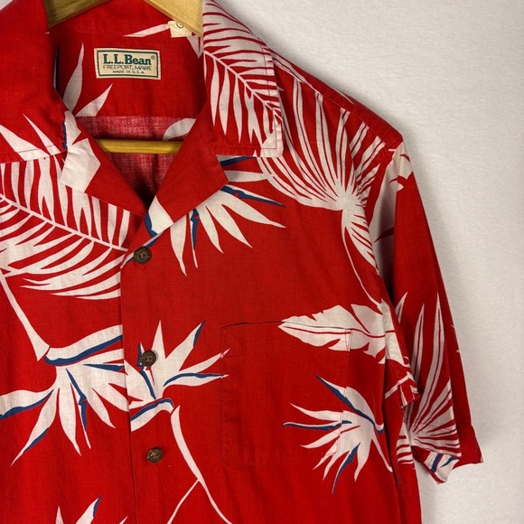 L.L. Bean Vintage Red Tropical Print Hawaiian Shirt Button Down - Picture 3 of 8